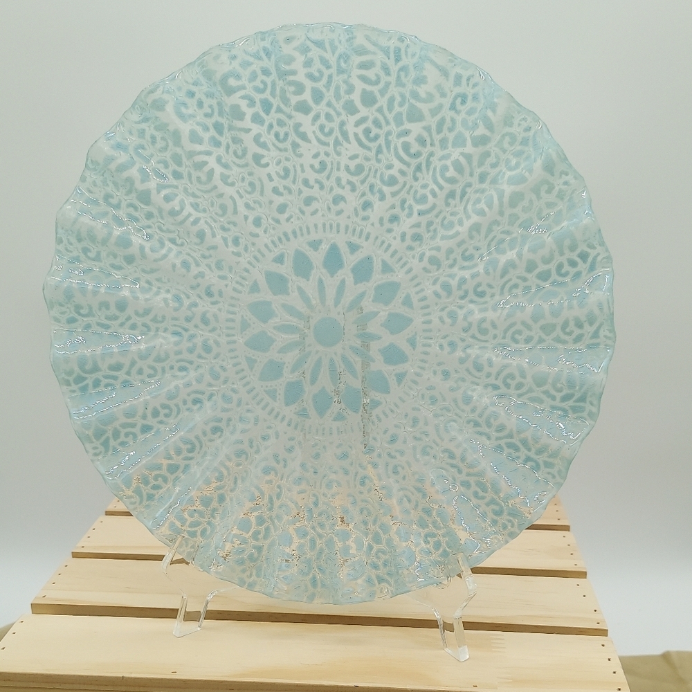 Large Ruffled Crackle Glass Blue White Fused Glass Plate Art